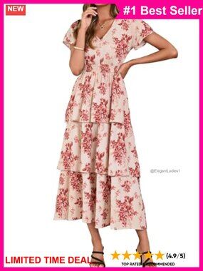 Women Floral Chiffon Maxi Dress V Neck Tiered Boho Wedding Guest